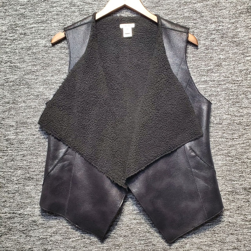 Cache Faux Leather Sherpa Lined Draped Waterfall Open Front Vest Womens M Black